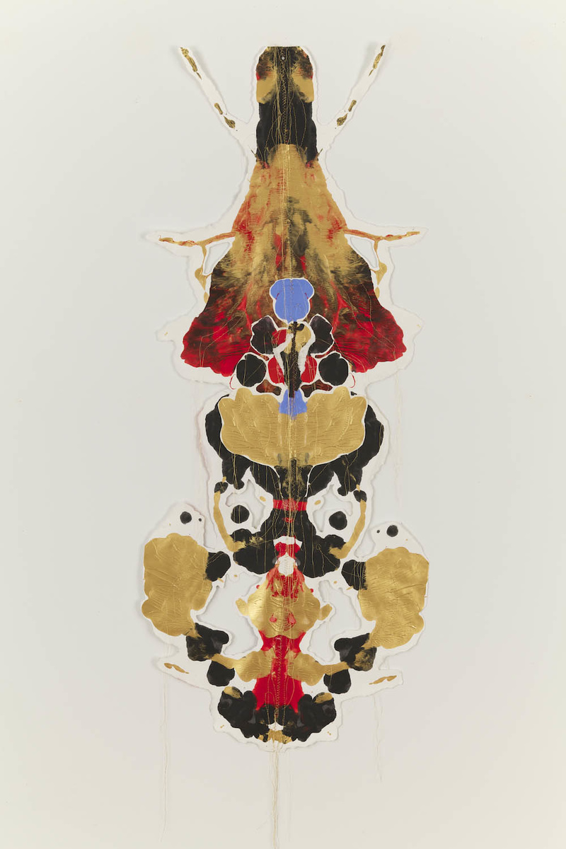 Shaman Mugak Totem Collage 2009, acrylic and thread on paper, 44 x 18 inches